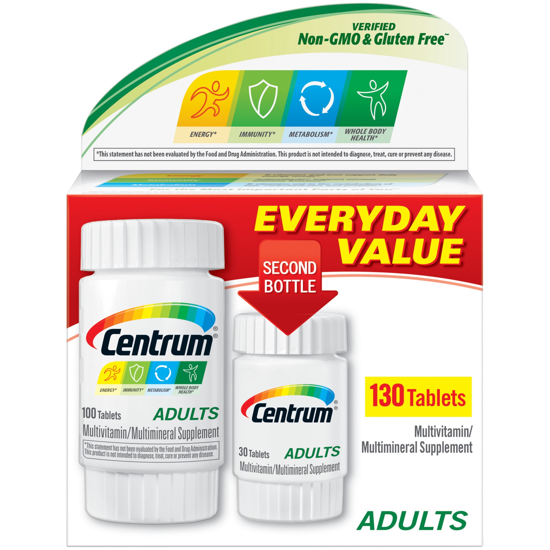 slide 1 of 1, Centrum Adult Multivitamin/Multimineral Supplement with Antioxidants, Zinc, Vitamin D3 and B Vitamins, Gluten Free, Non-GMO Ingredients - 100+30 Count, 130 ct