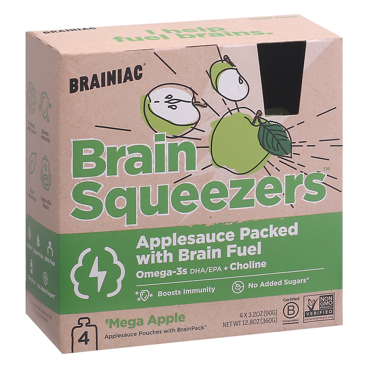 slide 8 of 13, Brainiac Brain Squeezers Mega Apple Applesauce 4 - 3.2 oz Pouches, 4 ct