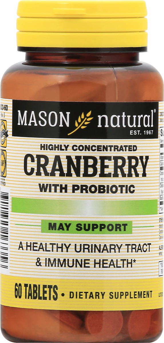 slide 5 of 9, Mason Natural Cranberry with Probiotic, Calcium and Vitamin C, Highly Concentrated - Supports Antioxidant and Immune Health, Maintains a Healthy Urinary System, 60 Tablets, 60 ct