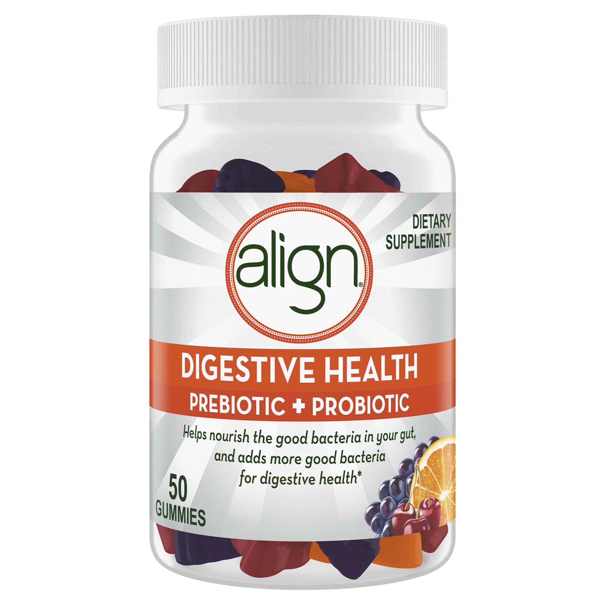 slide 1 of 2, Align DiGestive Health Prebiotic + Probiotic Supplement Gummies in Natural Fruit Flavors, 50 ct