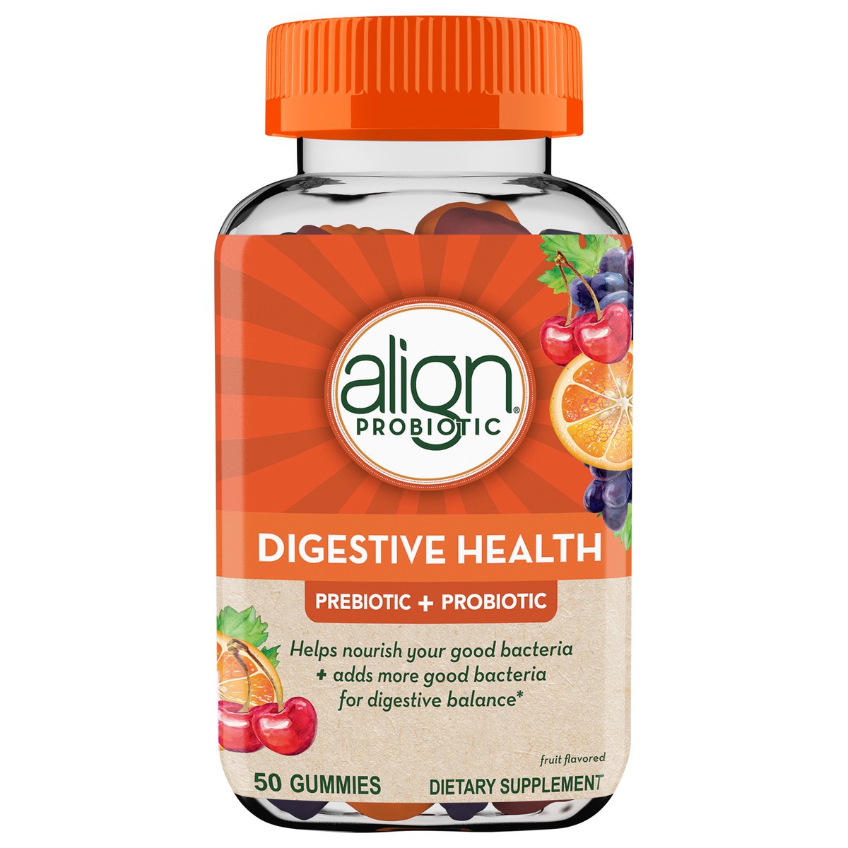 slide 1 of 2, Align Digestive Health Prebiotic + Probiotic Supplement Gummies in Natural Fruit Flavors, Probiotic for Men and Women, #1 Doctor Recommended Brand, 50 Gummies, 50 ct