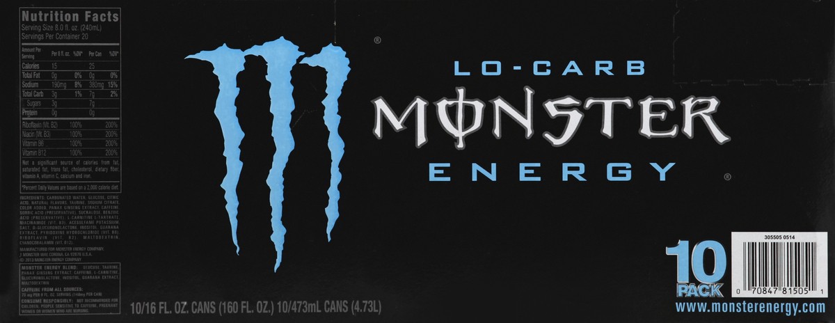 slide 4 of 6, Monster Energy, Lo-Carb, 10 ct; 16 fl oz