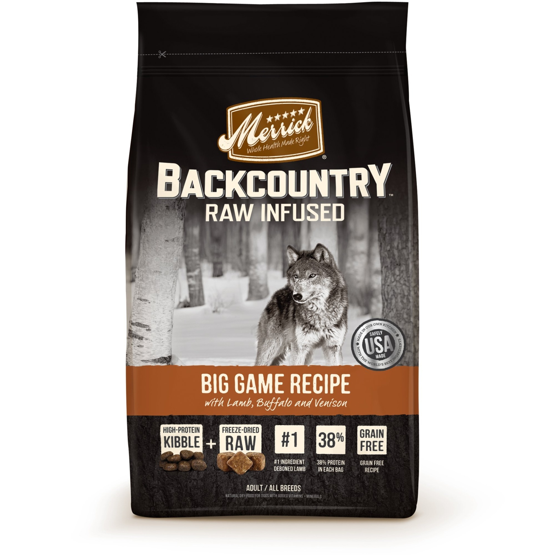 slide 1 of 1, Merrick Backcountry Grain Free Raw Infused Big Game Dry Dog Food, 4 lb