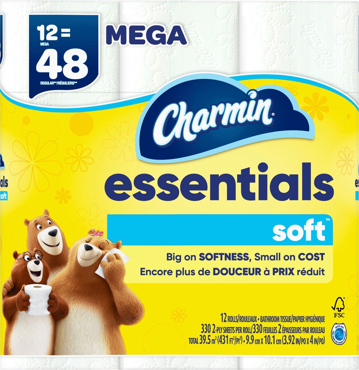 slide 5 of 7, Charmin Essentials Soft Toilet Paper 12 Mega Rolls, 330 sheets per roll, 12 x 38.25 sq ft