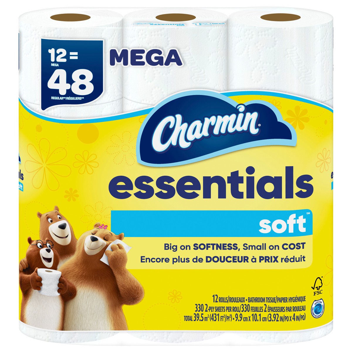 slide 3 of 7, Charmin Essentials Soft Toilet Paper 12 Mega Rolls, 330 sheets per roll, 12 x 38.25 sq ft
