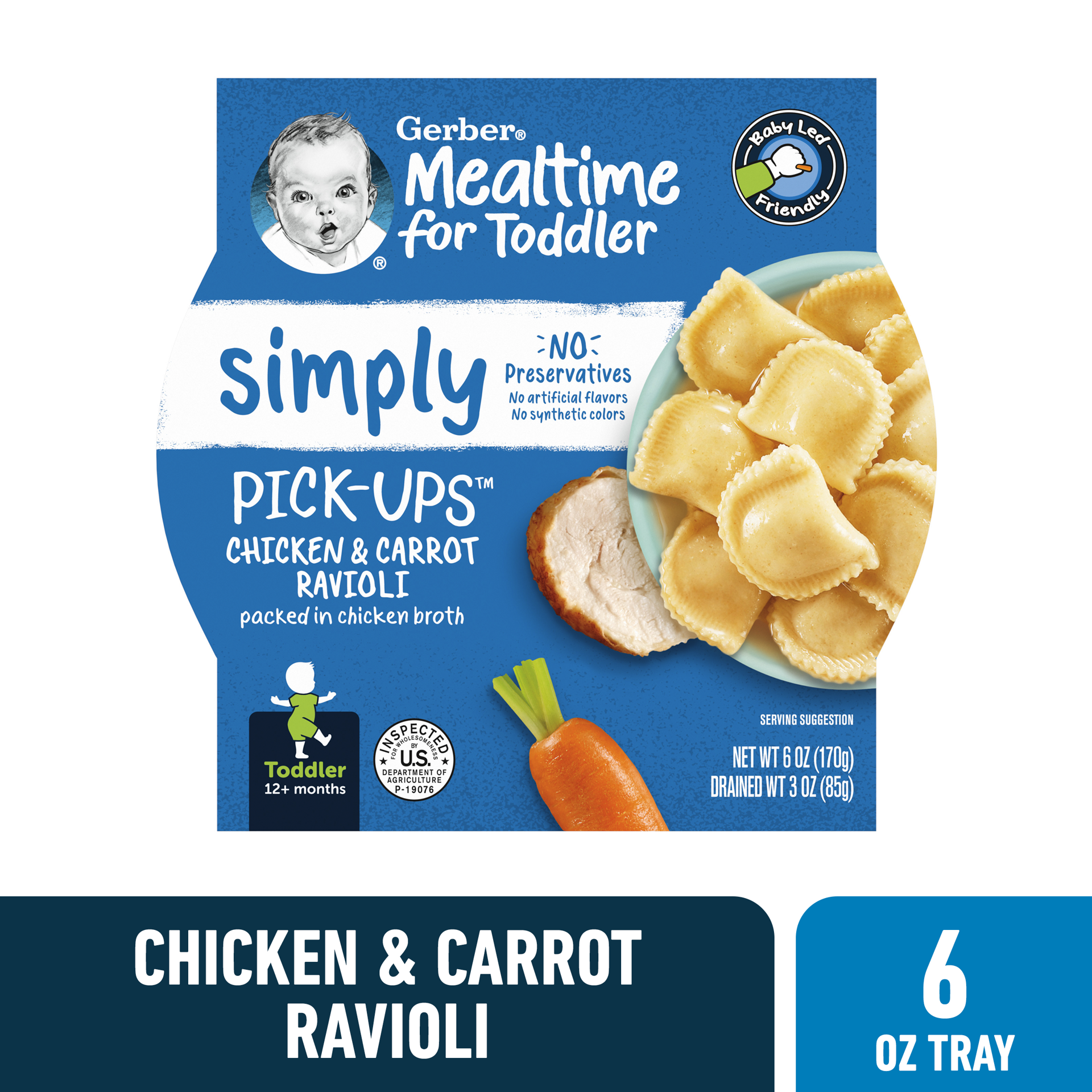 slide 1 of 5, Gerber Toddler Food, Chicken & Carrot Ravioli Pasta Pick Ups, 6 Oz Tray, 6 oz