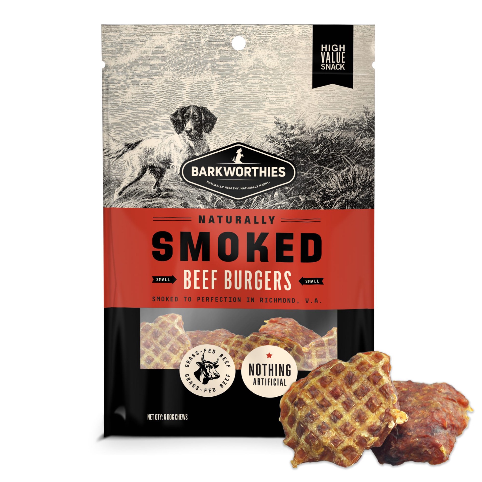 slide 1 of 1, Barkworthies Backworthies Smoked Beef Patty Dog Treats, 3 oz., Count of 6, 1 ct