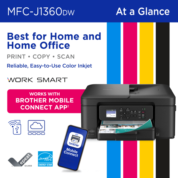 slide 6 of 8, Brother Work Smart MFCJ1360DW Wireless Color Inkjet Printer, All-In-One Print/Scan/Copy, Best for home and home office, 1 ct