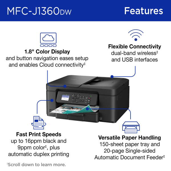 slide 8 of 8, Brother Work Smart MFCJ1360DW Wireless Color Inkjet Printer, All-In-One Print/Scan/Copy, Best for home and home office, 1 ct