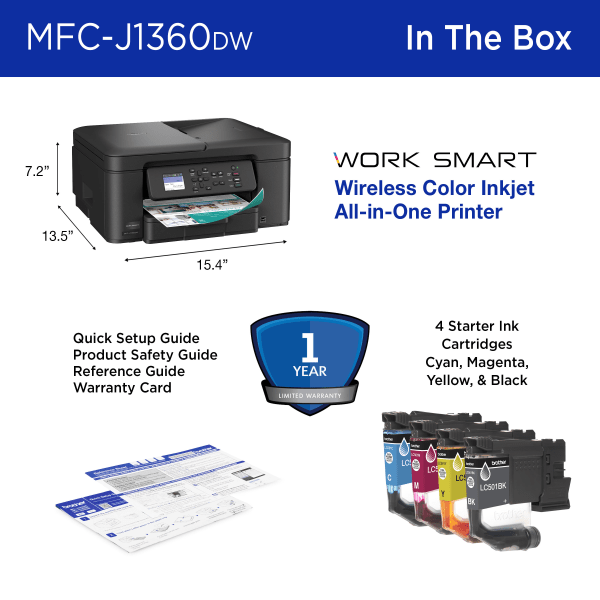 slide 3 of 8, Brother Work Smart MFCJ1360DW Wireless Color Inkjet Printer, All-In-One Print/Scan/Copy, Best for home and home office, 1 ct