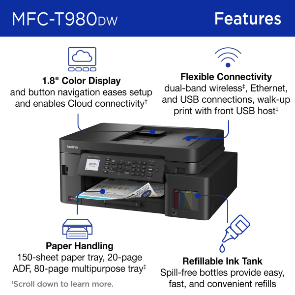 slide 8 of 8, Brother INKvestment Tank MFC-T980DW Wireless Color Inkjet Printer, All-in-One Print/Scan/Copy, 3 Years Ink In-Box(1), Best for small office/business, 1 ct