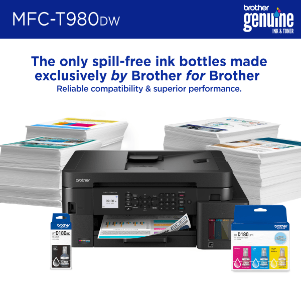 slide 2 of 8, Brother INKvestment Tank MFC-T980DW Wireless Color Inkjet Printer, All-in-One Print/Scan/Copy, 3 Years Ink In-Box(1), Best for small office/business, 1 ct