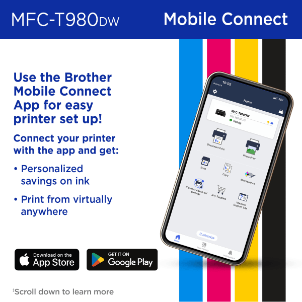 slide 6 of 8, Brother INKvestment Tank MFC-T980DW Wireless Color Inkjet Printer, All-in-One Print/Scan/Copy, 3 Years Ink In-Box(1), Best for small office/business, 1 ct