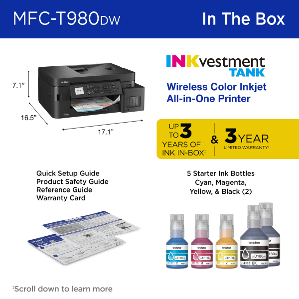 slide 4 of 8, Brother INKvestment Tank MFC-T980DW Wireless Color Inkjet Printer, All-in-One Print/Scan/Copy, 3 Years Ink In-Box(1), Best for small office/business, 1 ct