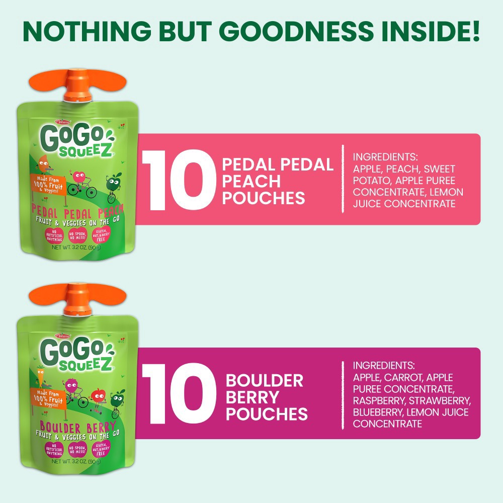 slide 3 of 6, Gogo Squeez Fruit & Veggies Boulder Berry & Pedal Pedal Peach On The Go Variety Pack, 20 ct; 3.2 oz