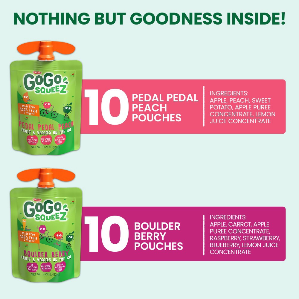 slide 4 of 6, Gogo Squeez Fruit & Veggies Boulder Berry & Pedal Pedal Peach On The Go Variety Pack - 20 ct; 3.2 oz, 20 ct; 3.2 oz