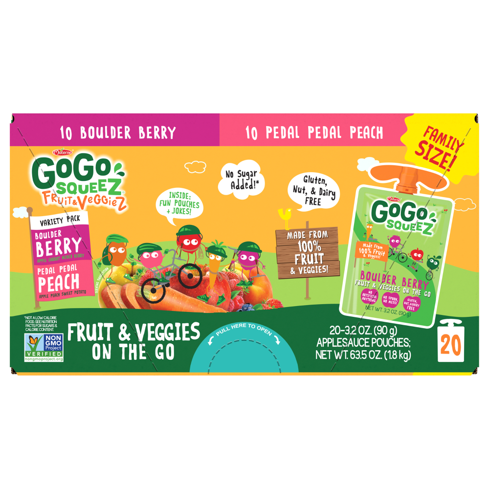 slide 1 of 6, Gogo Squeez Fruit & Veggies Boulder Berry & Pedal Pedal Peach On The Go Variety Pack, 20 ct; 3.2 oz