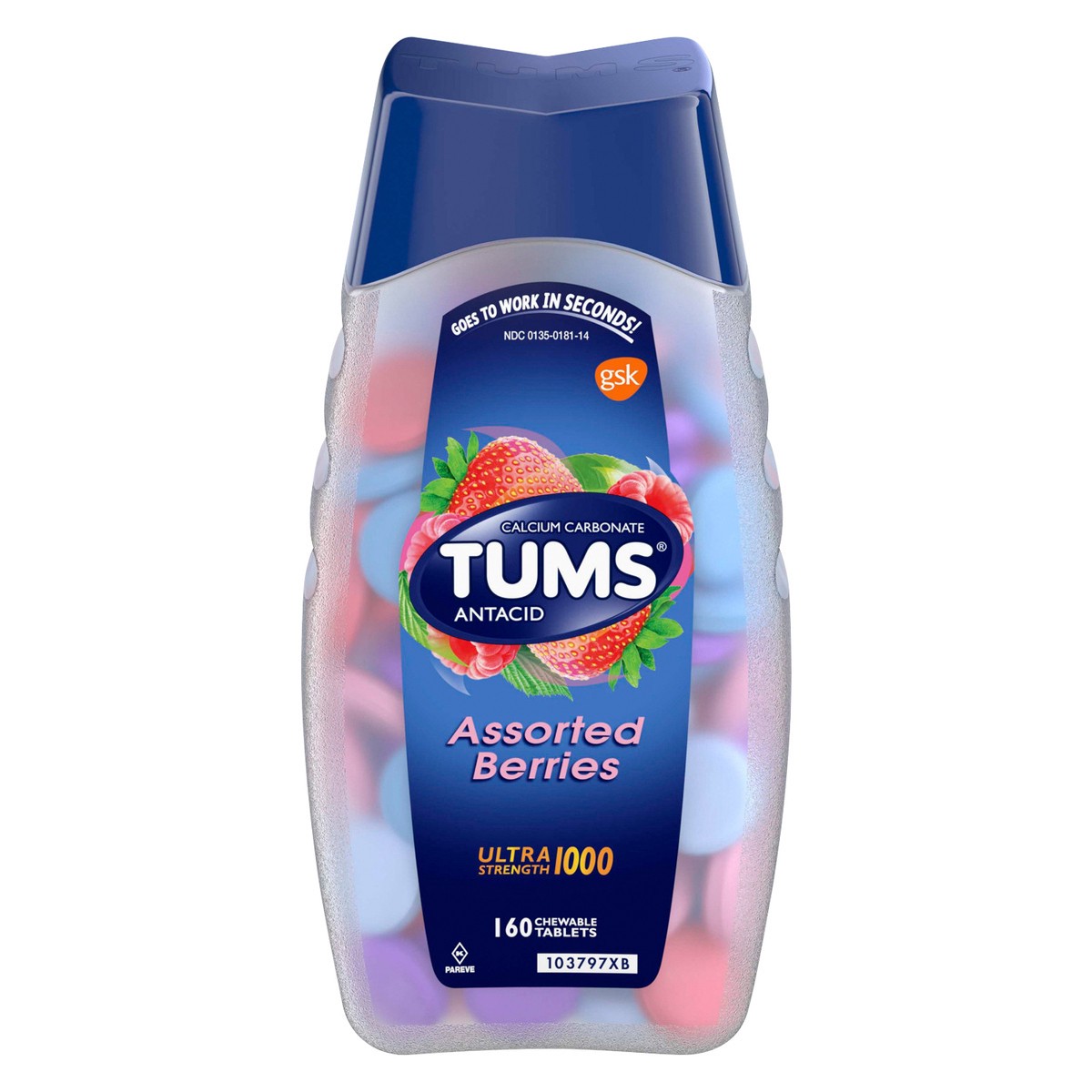 slide 1 of 5, TUMS Ultra Strength Chewable Antacid Tablets for Heartburn Relief, Assorted Berries - 160 Count, 160 ct