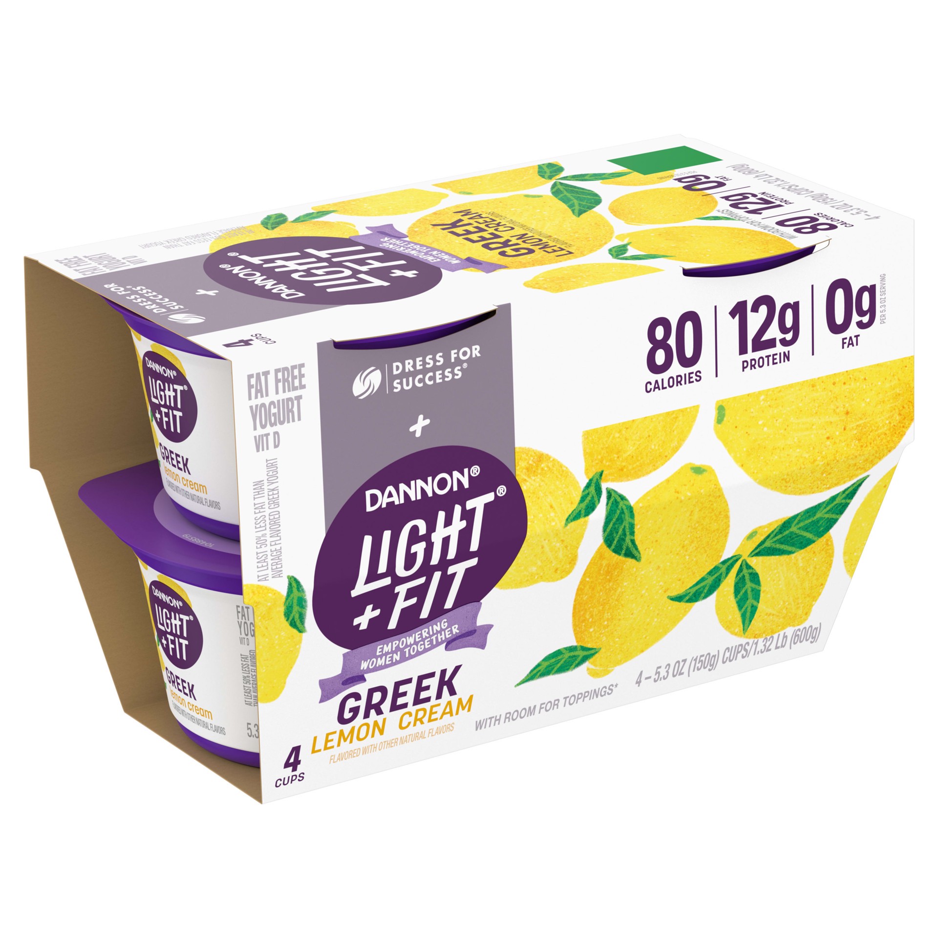 slide 5 of 5, Light + Fit Dannon Light + Fit Lemon Cream Greek Fat Free Yogurt, Creamy and Delicious Gluten Free Yogurt, 4 Ct, 5.3 OZ Yogurt Cups, 5.3 oz
