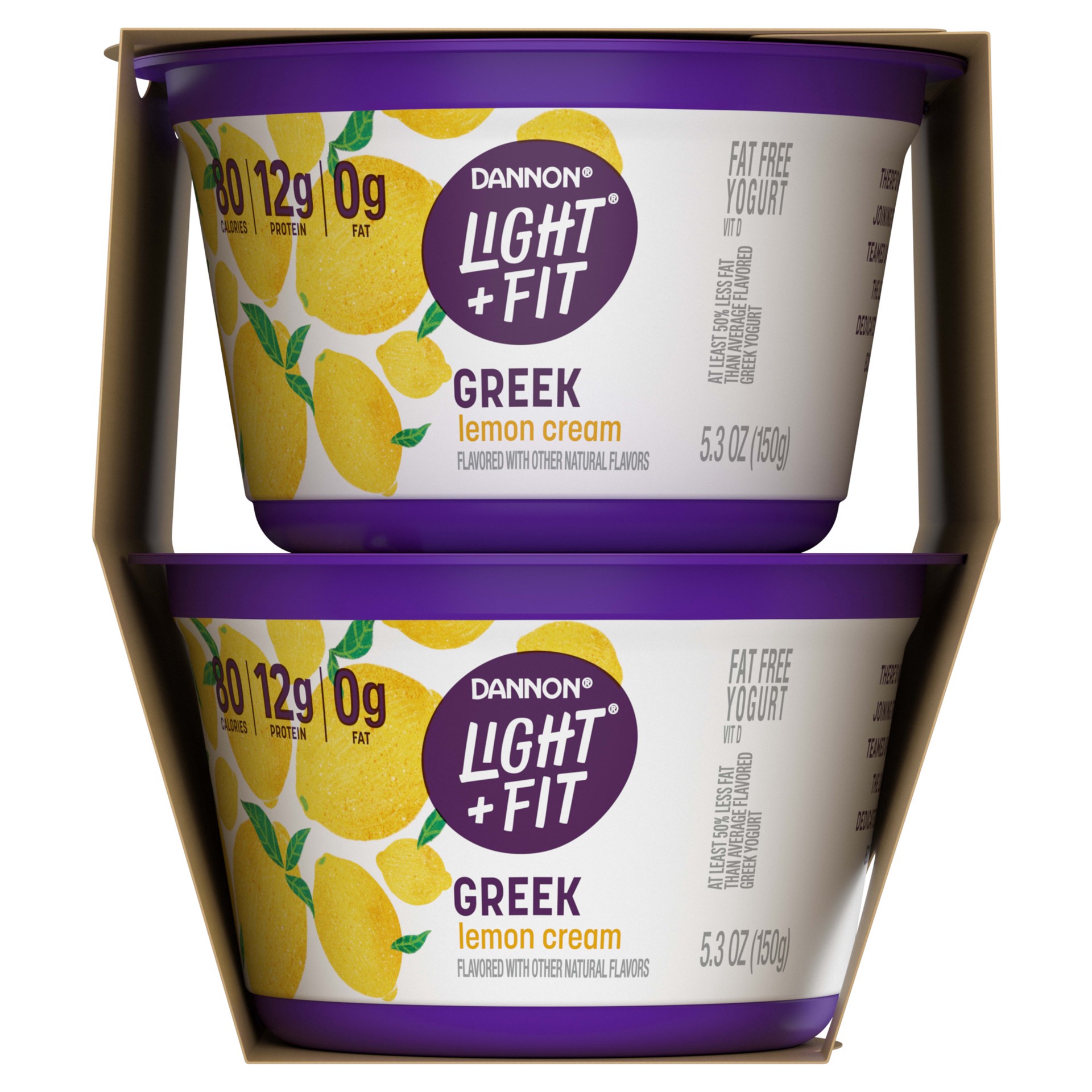 slide 3 of 5, Light + Fit Dannon Light + Fit Lemon Cream Greek Fat Free Yogurt, Creamy and Delicious Gluten Free Yogurt, 4 Ct, 5.3 OZ Yogurt Cups, 5.3 oz