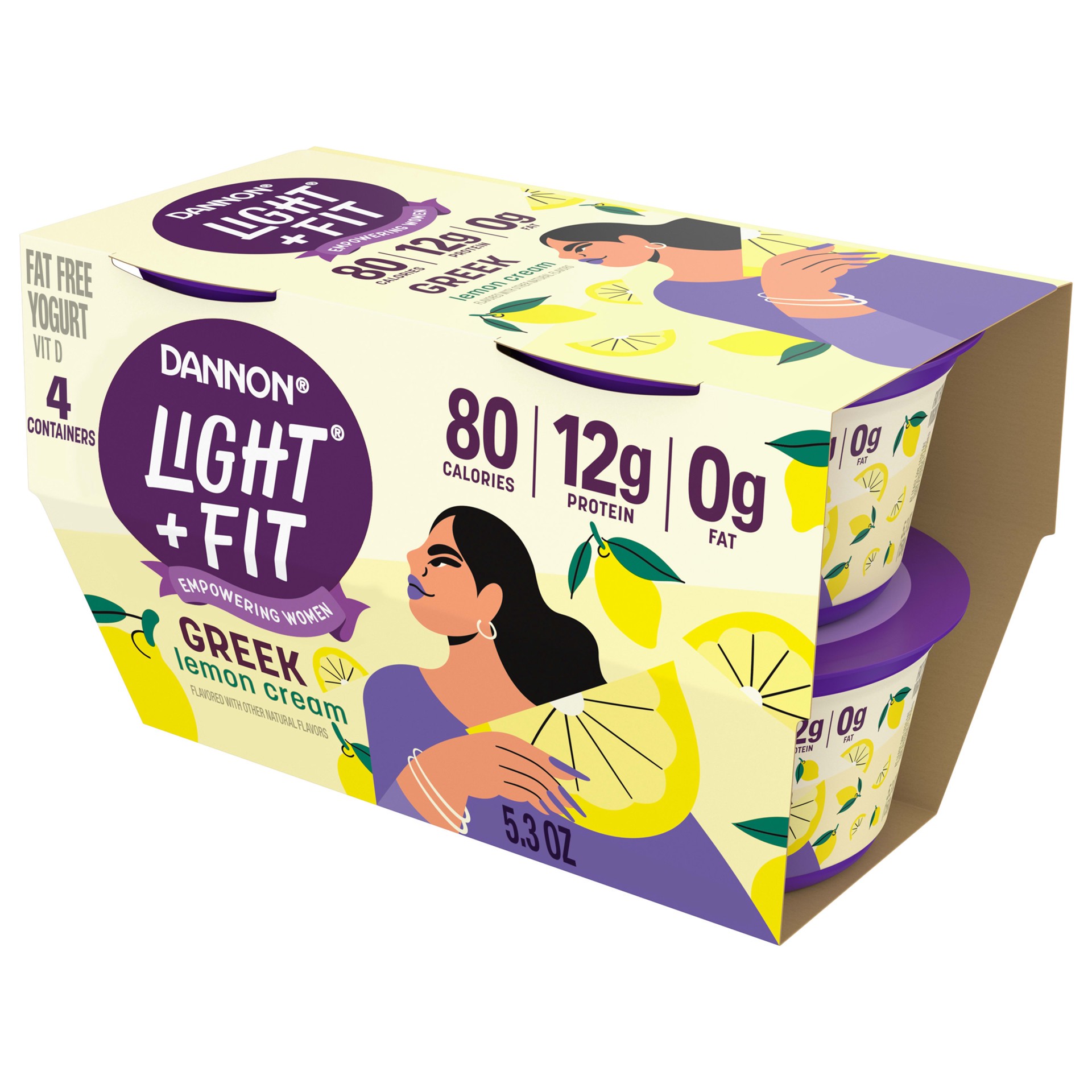 slide 1 of 5, Light + Fit Dannon Light + Fit Lemon Cream Greek Fat Free Yogurt, Creamy and Delicious Gluten Free Yogurt, 4 Ct, 5.3 OZ Yogurt Cups, 5.3 oz
