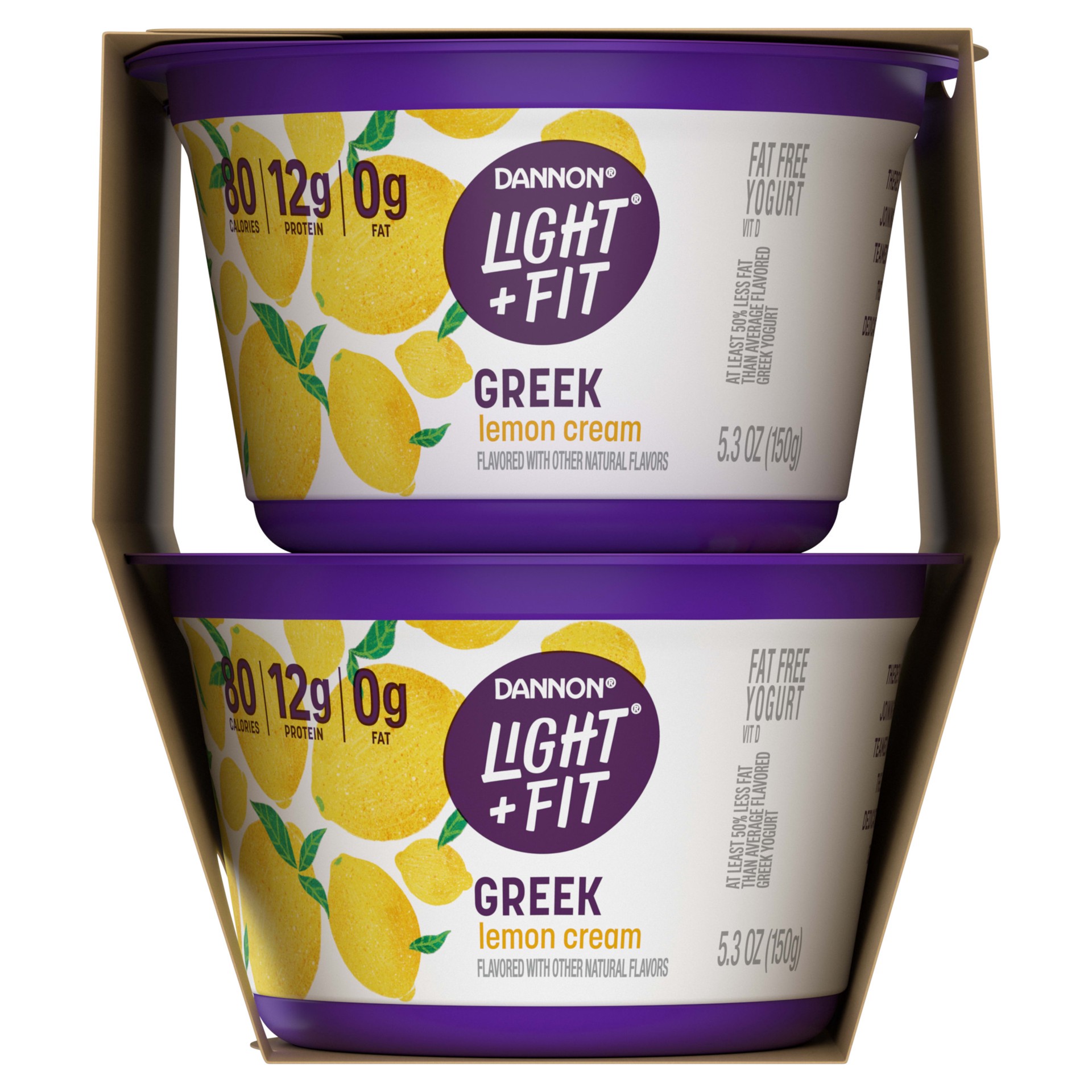 slide 2 of 5, Light + Fit Dannon Light + Fit Lemon Cream Greek Fat Free Yogurt, Creamy and Delicious Gluten Free Yogurt, 4 Ct, 5.3 OZ Yogurt Cups, 5.3 oz