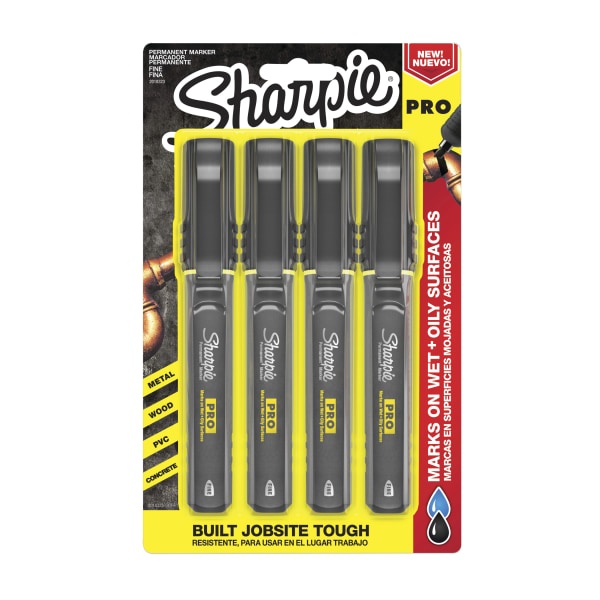 slide 1 of 6, Sharpie Pro Permanent Markers, Fine Point, Black/Gray Barrel, Black Ink, Pack Of 4, 4 ct