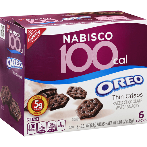 slide 3 of 3, Nabisco Oreo 100 Cal Thin Crisps Baked Chocolate Wafer Snacks, 6 ct; 0.81 oz