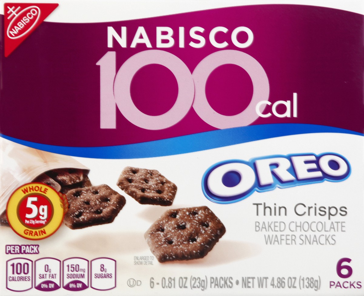 slide 4 of 5, Nabisco Oreo 100 Cal Thin Crisps Baked Chocolate Wafer Snacks, 6 ct; 0.81 oz