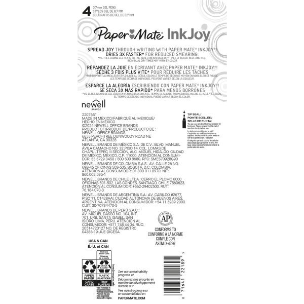 slide 2 of 2, Paper Mate Inkjoy Gel Pens, Medium Point, 0.7 Mm, Assorted Candy Pop Colors, Pack Of 4 Pens, 4 ct