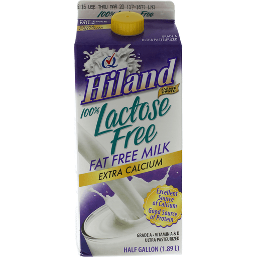 slide 1 of 1, Hiland Dairy 100% Lactose Free Fat Free Milk, 1/2 gal