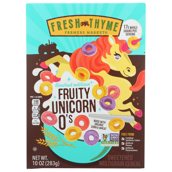 slide 1 of 1, Fresh Thyme Non Gmo Fruity Unicorn O's, 10 oz