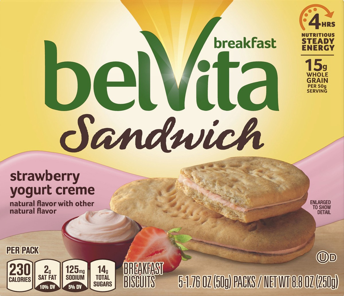 slide 4 of 11, belVita Sandwich Strawberry Yogurt Creme Breakfast Biscuits 5 ea, 5 ct; 1.76 oz