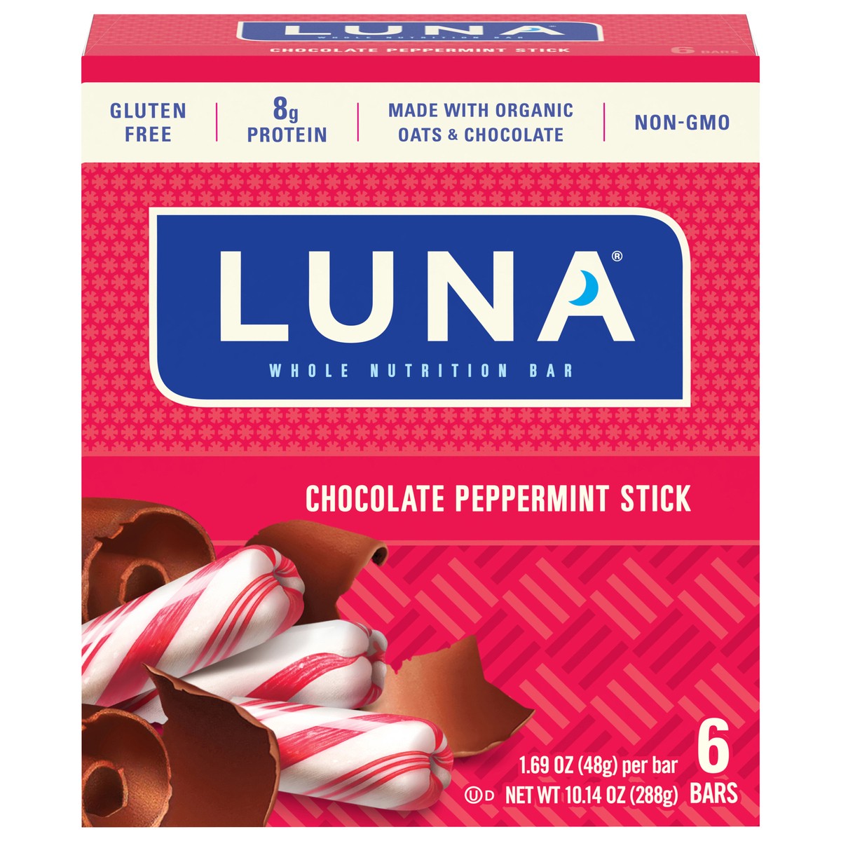 slide 1 of 6, LUNA Bar - Chocolate Peppermint Stick - Gluten-Free - Non-GMO - 7-9g Protein - Made with Organic Oats - Low Glycemic - Whole Nutrition Snack Bars - 1.69 oz. (6 Pack), 10.14 oz