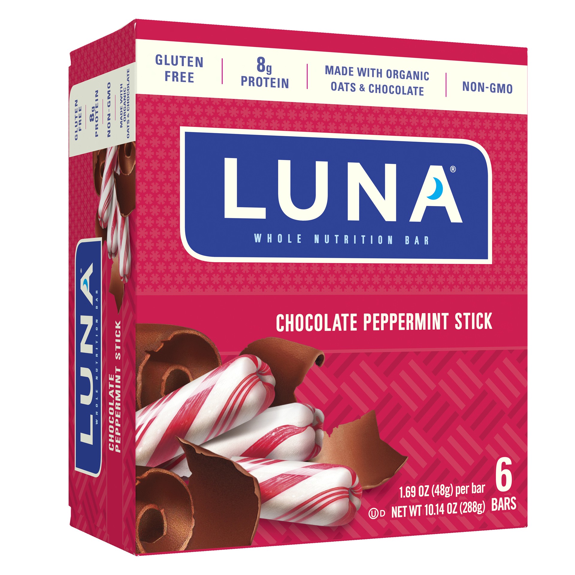 slide 1 of 6, LUNA Bar - Chocolate Peppermint Stick - Gluten-Free - Non-GMO - 7-9g Protein - Made with Organic Oats - Low Glycemic - Whole Nutrition Snack Bars - 1.69 oz. (6 Pack), 10.14 oz