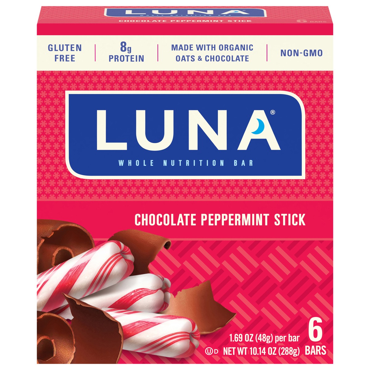 slide 1 of 6, LUNA Bar - Chocolate Peppermint Stick Flavor - Snack Bars - Non-GMO - Gluten-Free Protein Bars - Made with Organic Oats (6 Pack), 6 ct