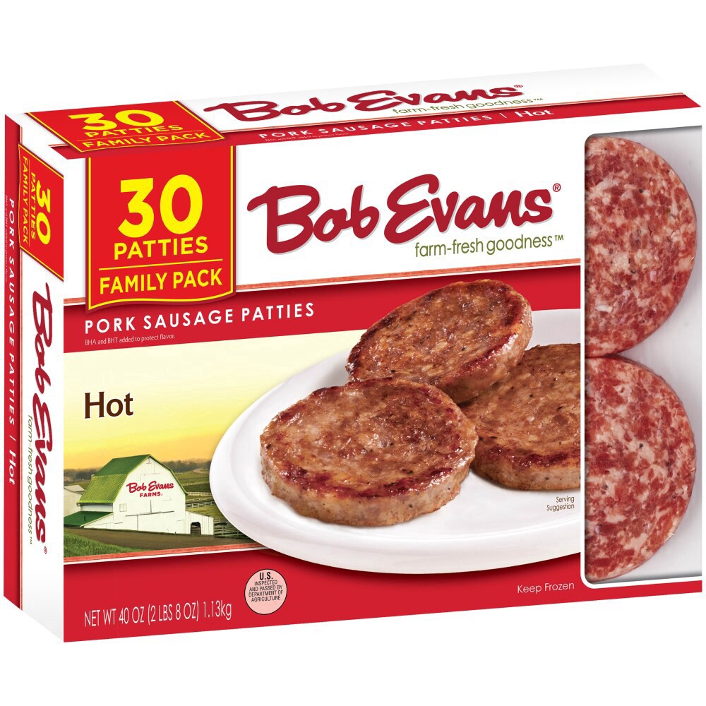 slide 1 of 7, Bob Evans Hot Pork Sausage Patties 40 oz. Box, 40 oz