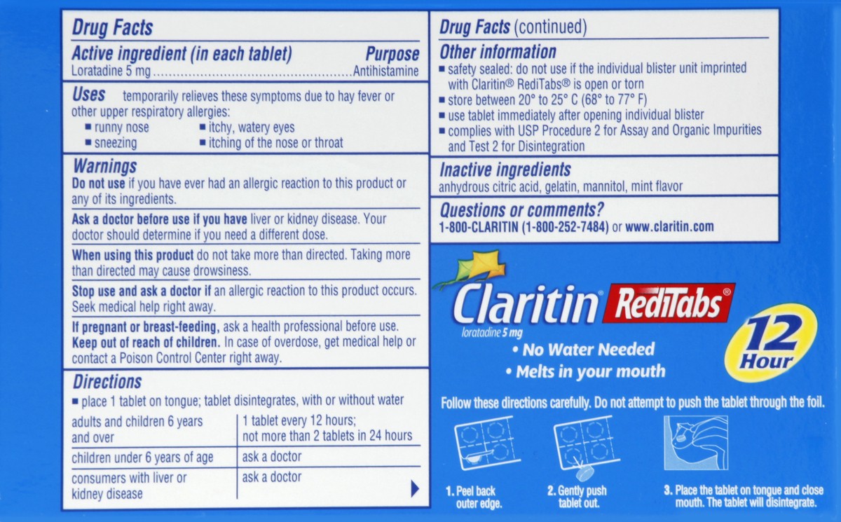 slide 5 of 6, Claritin RediTabs 12 Hour 5 mg Loratadine/Antihistamine Orally Disintegrating Tablets for Juniors & Up 10 ea, 10 ct