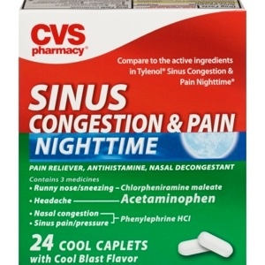 slide 1 of 1, CVS Health Sinus Pain & Congestion Acetominophen Caplets, Nightime, 24 ct