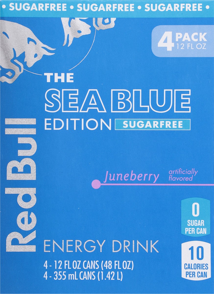 slide 8 of 15, Red Bull Sea Blue Edition Sugar Free Energy Drink, Juneberry, 12 fl. oz., Pack of 4 cans, with 114mg Caffeine, Taurine & B Vitamins, 4 pk