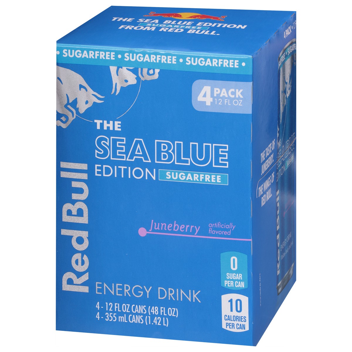slide 3 of 15, Red Bull Sea Blue Edition Sugar Free Energy Drink, Juneberry, 12 fl. oz., Pack of 4 cans, with 114mg Caffeine, Taurine & B Vitamins, 4 pk