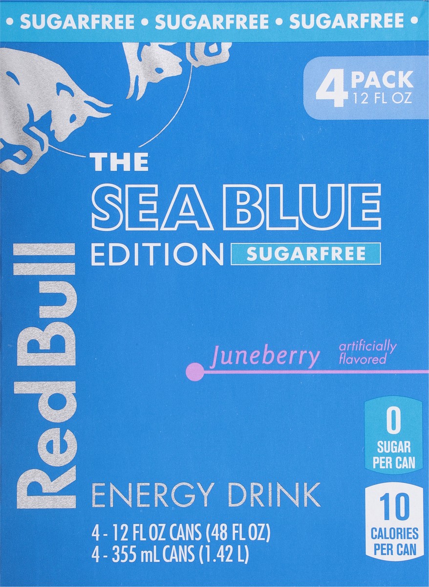 slide 4 of 15, Red Bull Sea Blue Edition Sugar Free Energy Drink, Juneberry, 12 fl. oz., Pack of 4 cans, with 114mg Caffeine, Taurine & B Vitamins, 4 pk
