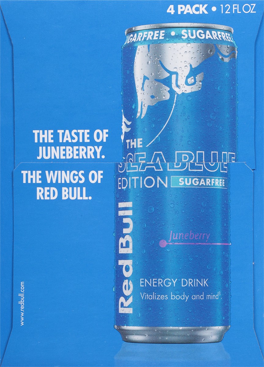 slide 15 of 15, Red Bull Sea Blue Edition Sugar Free Energy Drink, Juneberry, 12 fl. oz., Pack of 4 cans, with 114mg Caffeine, Taurine & B Vitamins, 4 pk