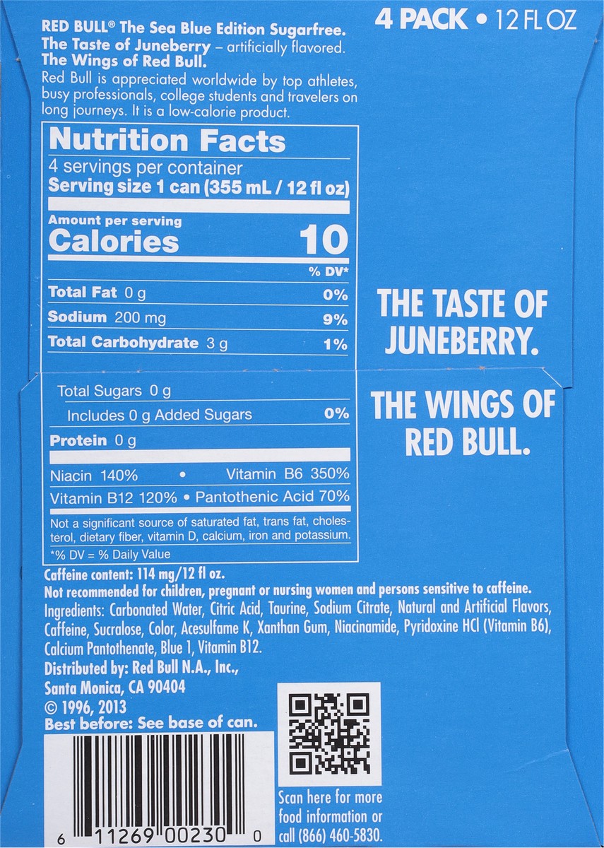 slide 2 of 15, Red Bull Sea Blue Edition Sugar Free Energy Drink, Juneberry, 12 fl. oz., Pack of 4 cans, with 114mg Caffeine, Taurine & B Vitamins, 4 pk