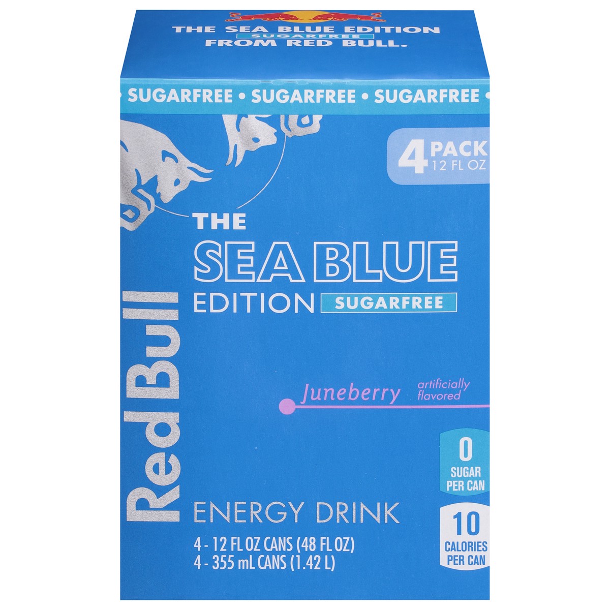 slide 5 of 15, Red Bull Sea Blue Edition Sugar Free Energy Drink, Juneberry, 12 fl. oz., Pack of 4 cans, with 114mg Caffeine, Taurine & B Vitamins, 4 pk