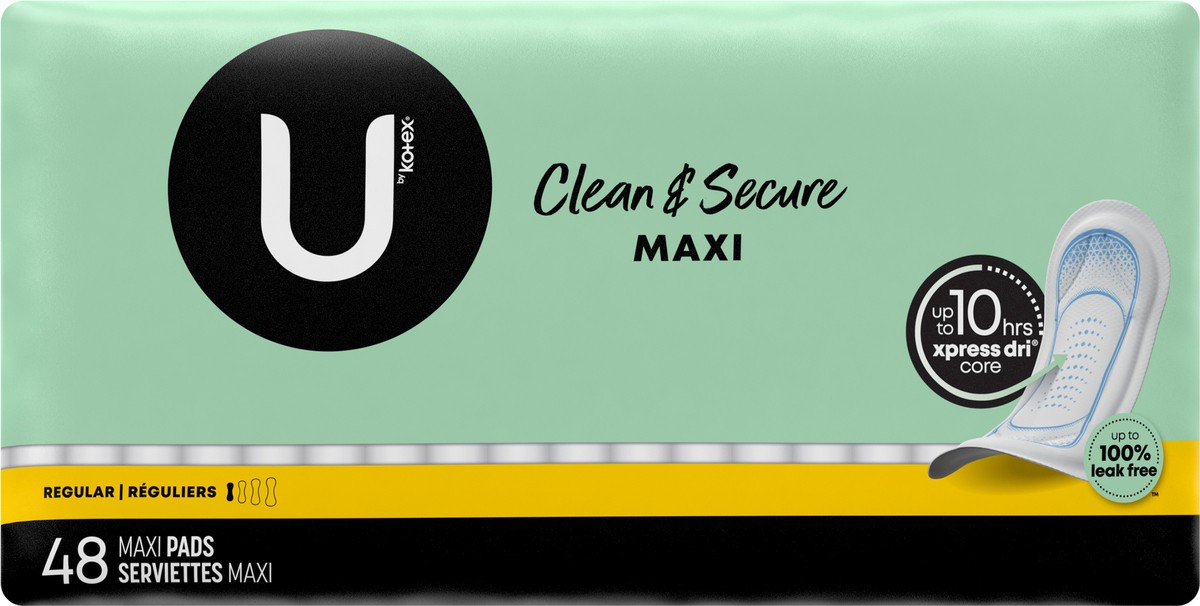 slide 3 of 10, U by Kotex Clean & Secure Maxi Pads, Regular Absorbency, 48 Count, 48 ct
