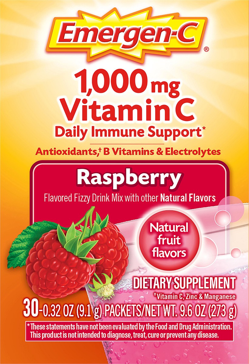 slide 2 of 12, Emergen-C Fizzy Drink Mix 1,000 mg Raspberry Vitamin C 30 ea, 30 ct
