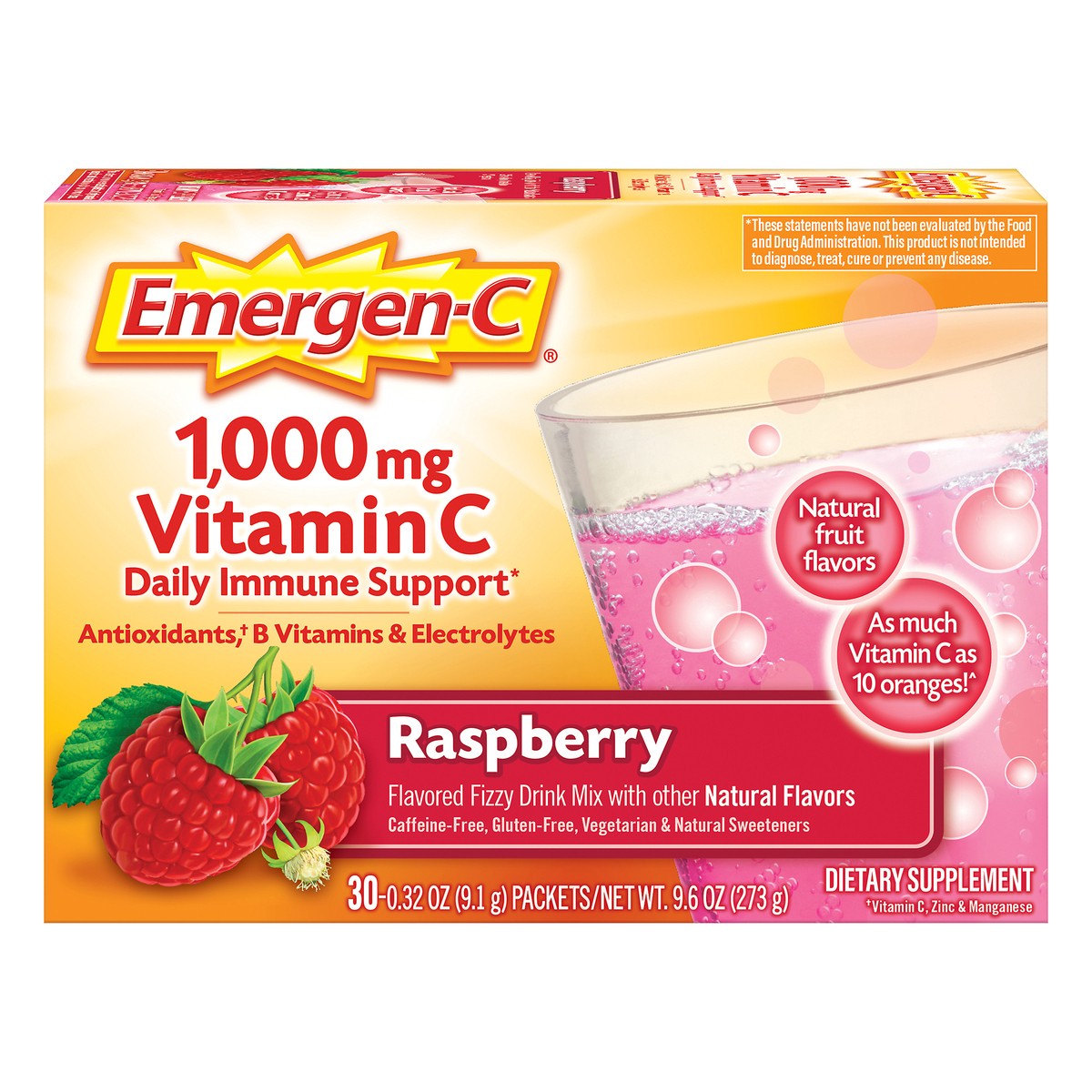 slide 1 of 12, Emergen-C Fizzy Drink Mix 1,000 mg Raspberry Vitamin C 30 ea, 30 ct