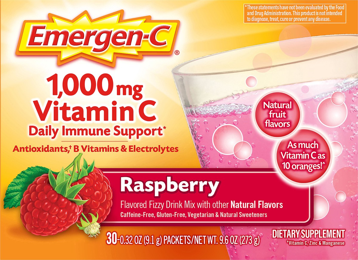 slide 6 of 12, Emergen-C Fizzy Drink Mix 1,000 mg Raspberry Vitamin C 30 ea, 30 ct