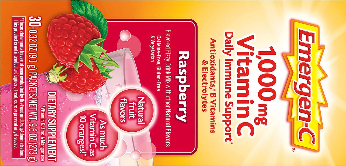 slide 7 of 12, Emergen-C Fizzy Drink Mix 1,000 mg Raspberry Vitamin C 30 ea, 30 ct